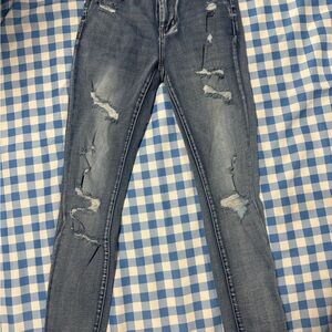 Blue Skinny Distressed Jeans with Vintage Wash high rise skinny
